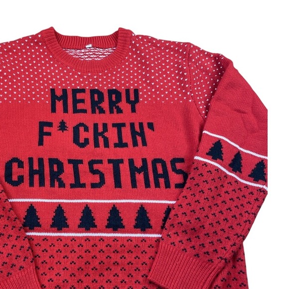 Merry F*ckin' Christmas‎ Sweater Funny Ugly Holiday Party Red Knit - Picture 1 of 12